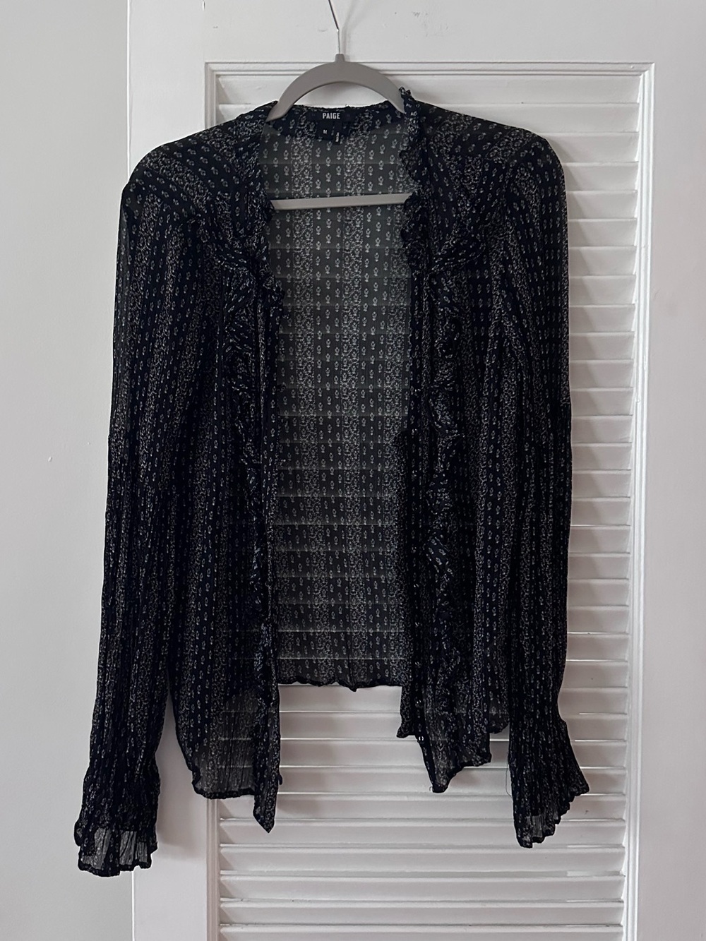 PAIGE Sheer Black Multi Floral Blouse - Ruffle Trim - Sz M